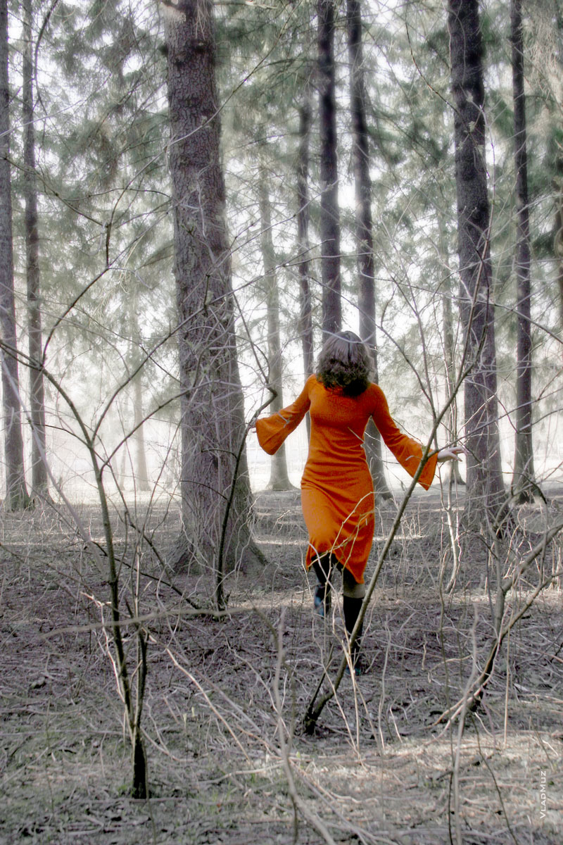 Фотография девушки в оранжевом платье в лесу