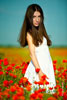 Фото девушки-брюнетки в белом летнем платье на красном маковом поле